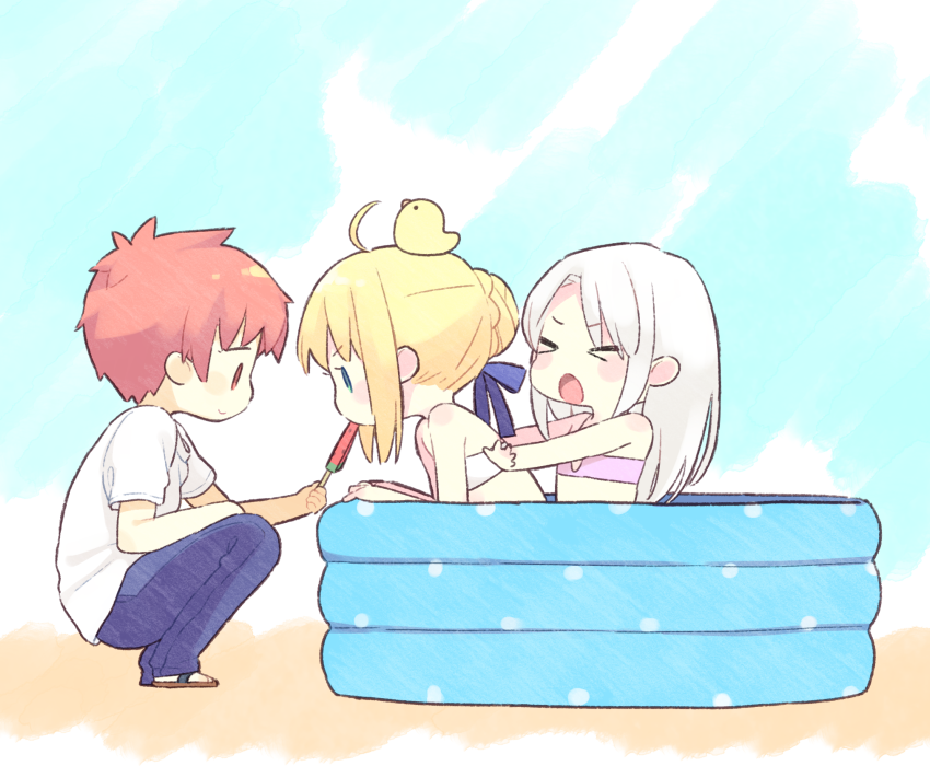 artoria pendragon, saber, illyasviel von einzbern, and emiya shirou (fate and 2 more) drawn by 87banana