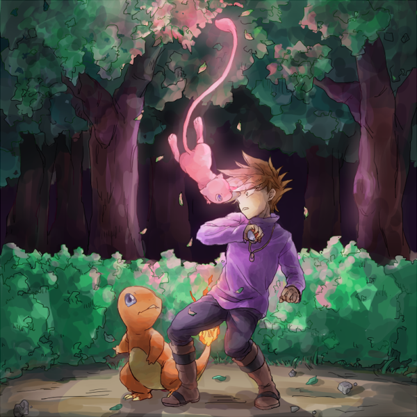 blue oak, charmander, and mew (pokemon and 1 more) drawn by lamp-ao