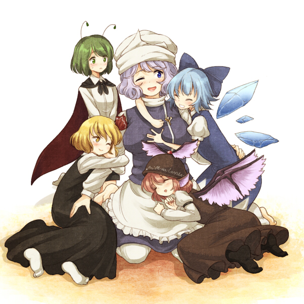 cirno, rumia, mystia lorelei, wriggle nightbug, and letty whiterock (touhou) drawn by urin