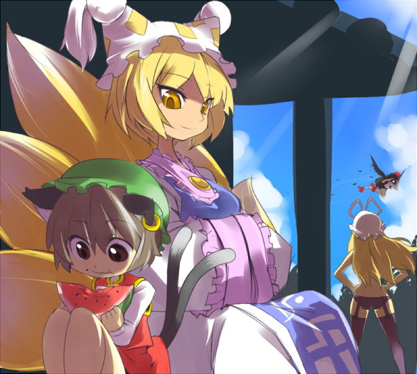 yakumo yukari, shameimaru aya, yakumo ran, and chen (touhou) drawn by ario