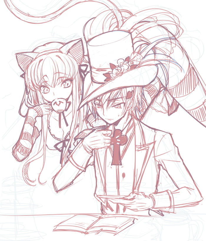 c.c., lelouch vi britannia, cheshire cat, and mad hatter (code geass and 1 more) drawn by creayus