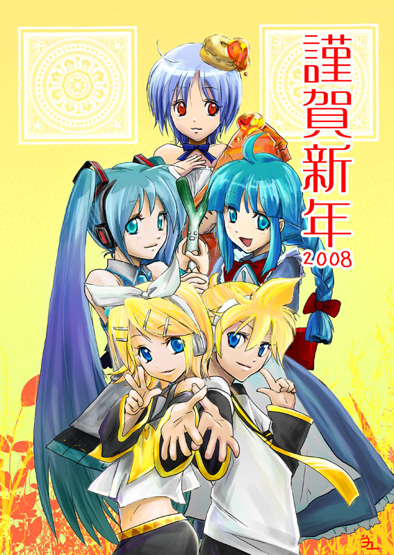 hatsune miku, kagamine rin, kagamine len, me-tan, and bisuke-tan (vocaloid and 2 more) drawn by okamoto_setsura