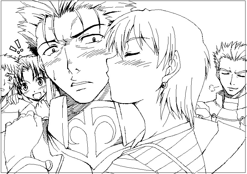 tohsaka rin, emiya shirou, cu chulainn, archer, and fujimura taiga (fate and 1 more) drawn by hisakawa_chin