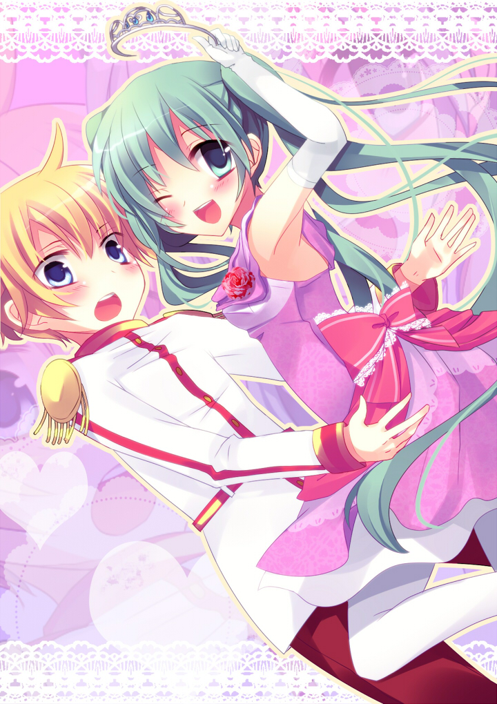 hatsune miku and kagamine len (vocaloid) drawn by amamine