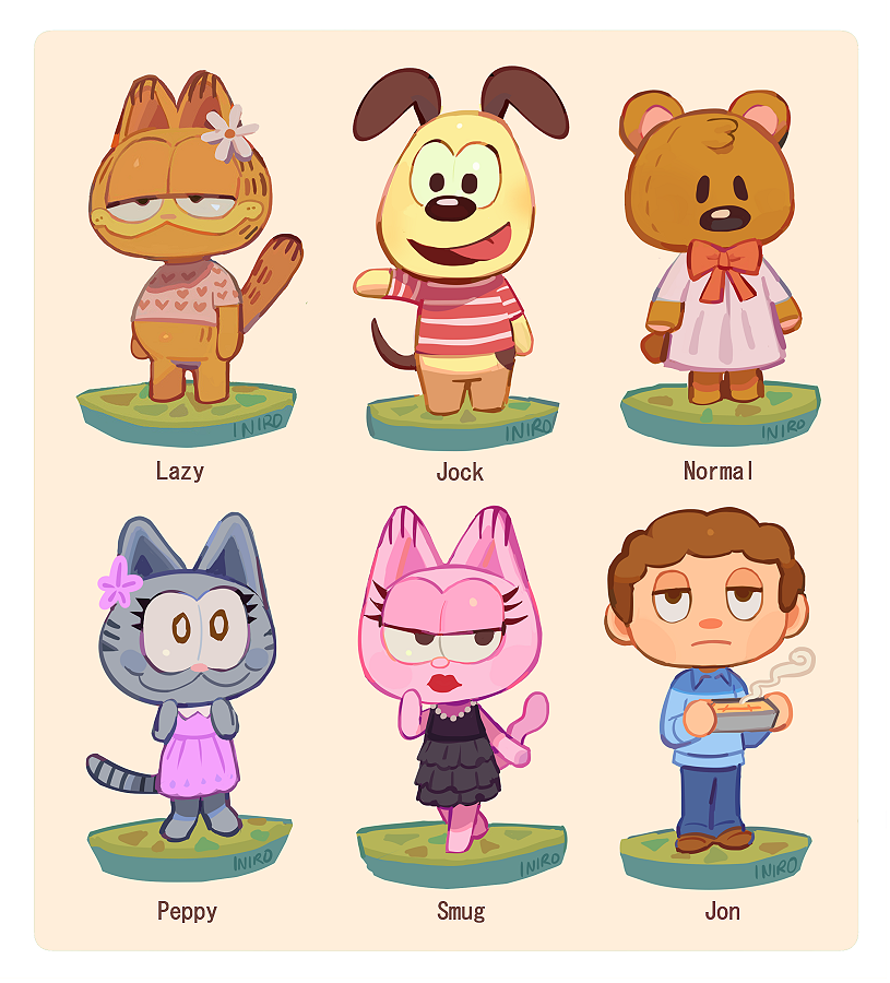 garfield, jon arbuckle, odie, pooky, nermal, and 1 more (animal crossing and 1 more) drawn by iniro