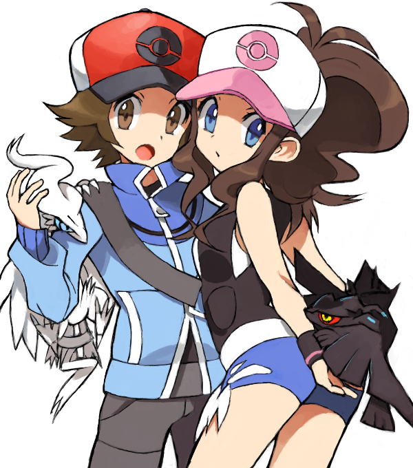 hilda, hilbert, reshiram, and zekrom (pokemon and 1 more) drawn by bakkanda