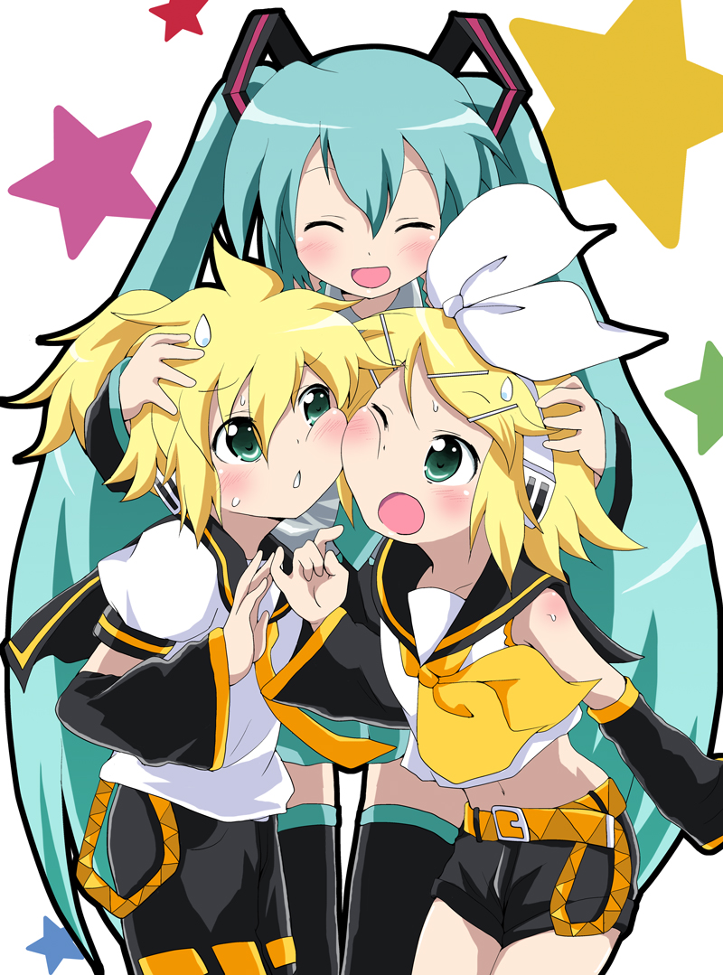 hatsune miku, kagamine rin, and kagamine len (vocaloid) drawn by massala