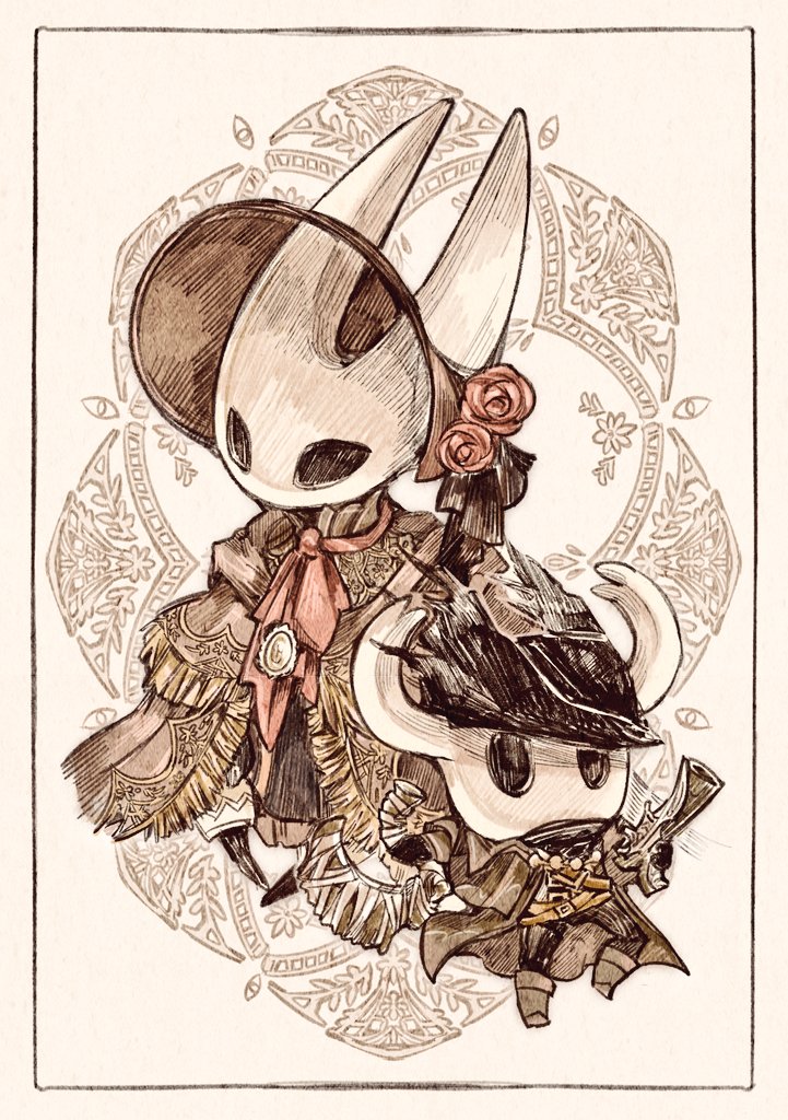 hunter, plain doll, knight, and hornet (bloodborne and 1 more) drawn by fioco_virus
