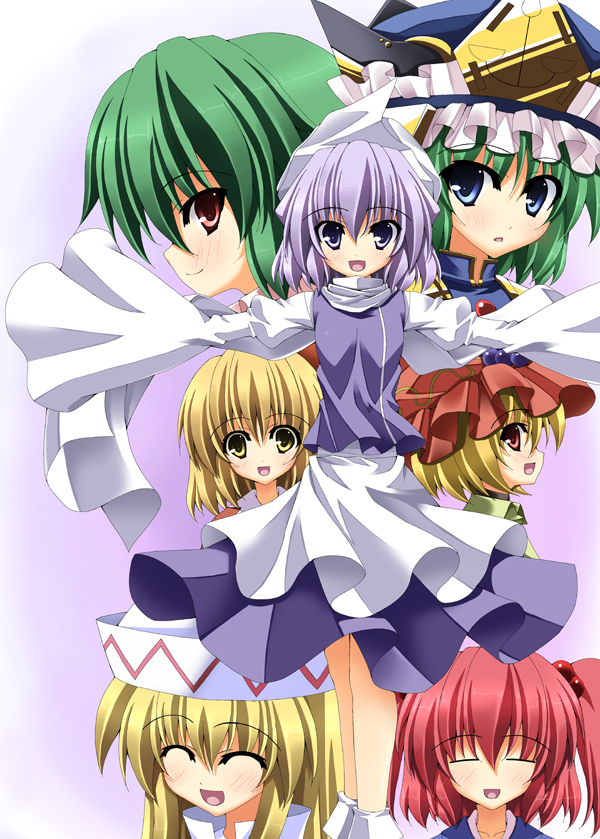 kazami yuuka, shiki eiki, onozuka komachi, aki minoriko, aki shizuha, and 2 more (touhou) drawn by rappa_(rappaya)