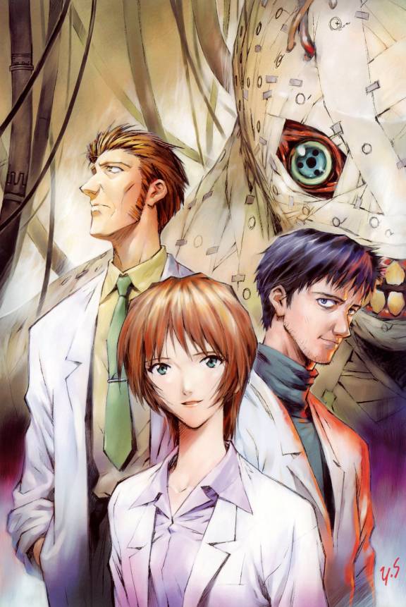 eva 01, ikari gendou, fuyutsuki kouzou, and ikari yui (neon genesis evangelion) drawn by sadamoto_yoshiyuki