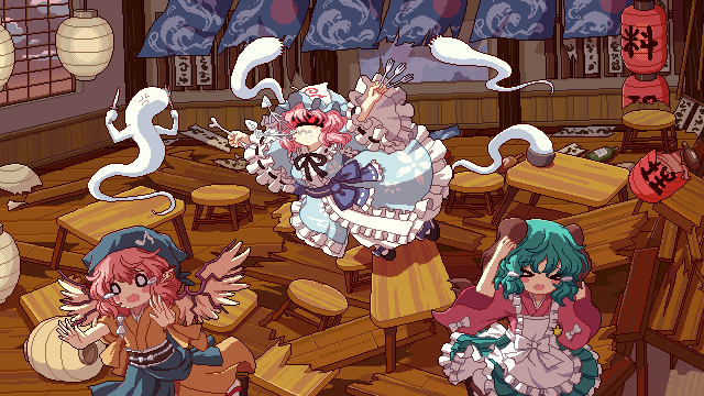 saigyouji yuyuko, mystia lorelei, kasodani kyouko, and okamisty (touhou and 1 more) drawn by kumio
