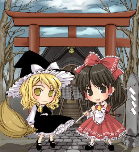 hakurei reimu and kirisame marisa (touhou) drawn by shimakusa_arou
