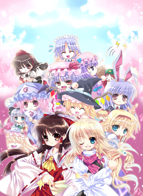 hakurei reimu, kirisame marisa, remilia scarlet, flandre scarlet, izayoi sakuya, and 8 more (touhou) drawn by capura_lin