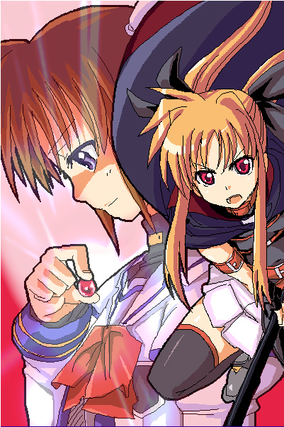 fate testarossa, takamachi nanoha, raising heart, and bardiche (lyrical nanoha and 1 more) drawn by kurosho