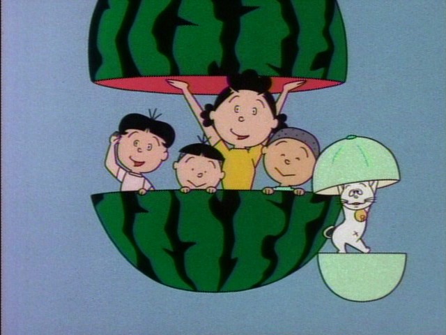 isono katsuo, isono wakame, fuguta sazae, tama, and fuguta tarao (sazae-san)