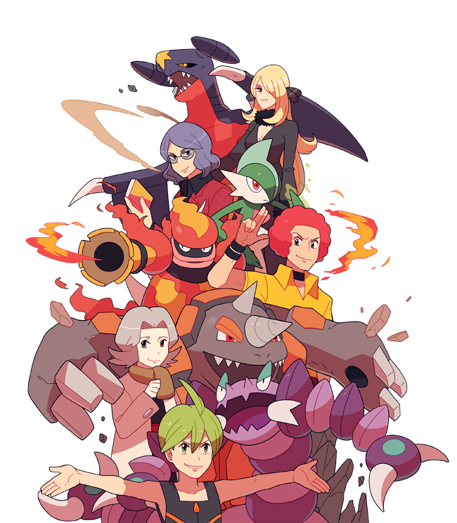 cynthia, garchomp, gallade, flint, lucian, and 5 more (pokemon and 1 more) drawn by jaho