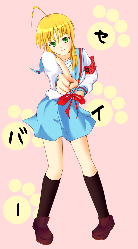 artoria pendragon, saber, and suzumiya haruhi (fate and 2 more) drawn by yuya_(kawata1985)