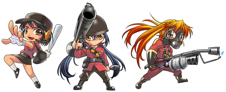 pyro, red pyro, scout, soldier, red scout, and 1 more (team fortress 2) drawn by man_(trance)