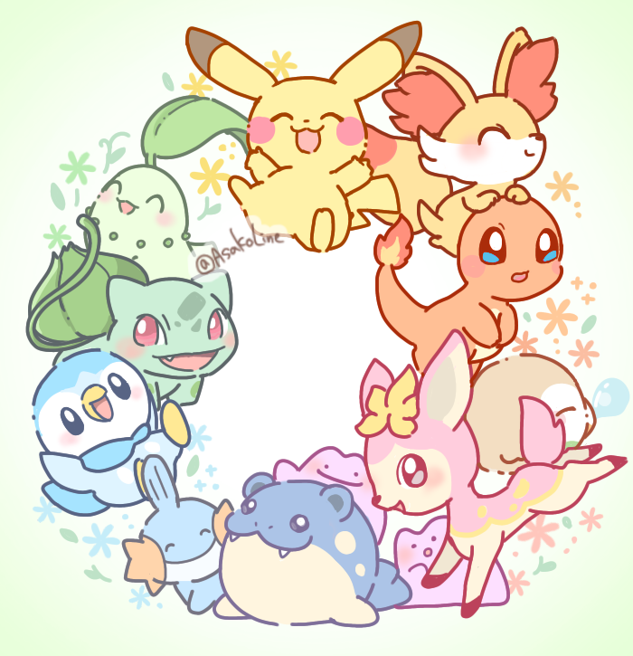 pikachu, rowlet, piplup, bulbasaur, charmander, and 7 more (pokemon) drawn by asakoline