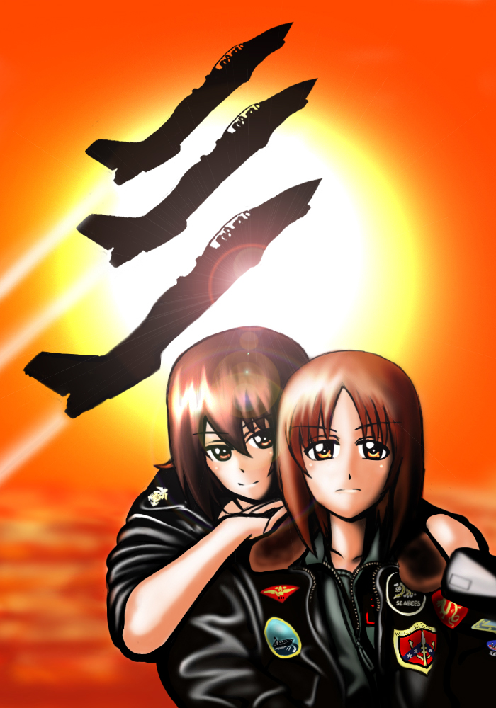 nishizumi miho, nishizumi maho, pete "maverick" mitchell, and charlie blackwood (girls und panzer and 1 more) drawn by kuromon_(nabe5214)
