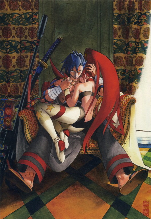 yoko littner, kamina, and space yoko (tengen toppa gurren lagann) drawn by raiku_makoto