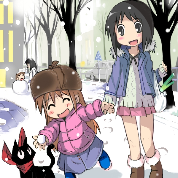 shinonome nano, aioi yuuko, minakami mai, professor shinonome, and sakamoto (nichijou) drawn by t2