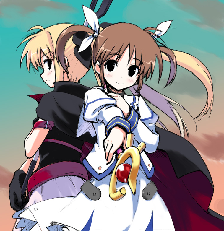 fate testarossa, takamachi nanoha, raising heart, and bardiche (lyrical nanoha and 1 more) drawn by hiide