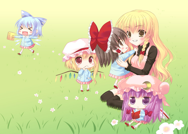 hakurei reimu, kirisame marisa, flandre scarlet, cirno, and patchouli knowledge (touhou) drawn by futaba_miwa