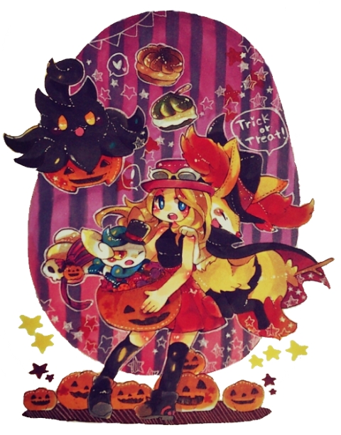 serena, braixen, pumpkaboo, and meowstic (pokemon and 1 more) drawn by shura_skill