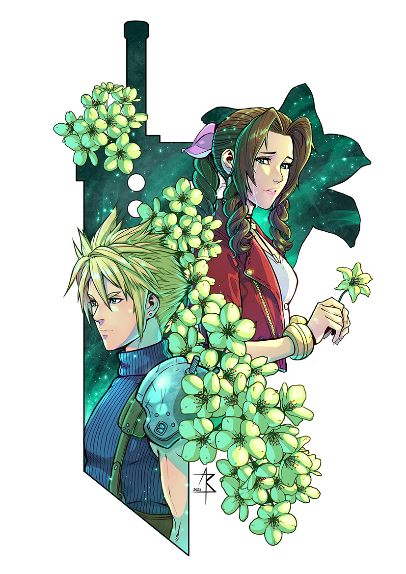 cloud strife and aerith gainsborough (final fantasy and 2 more) drawn by antonio_baldari