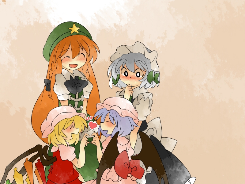 remilia scarlet, flandre scarlet, izayoi sakuya, and hong meiling (touhou) drawn by hammer_(sunset_beach)