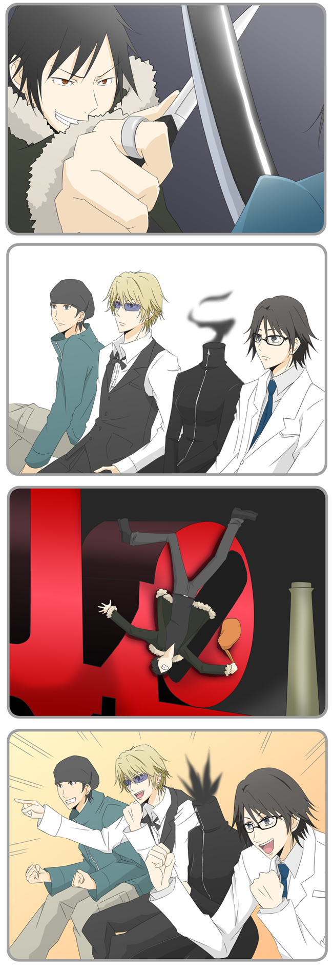 orihara izaya, sonohara anri, heiwajima shizuo, celty sturluson, kishitani shinra, and 1 more (durarara!!) drawn by iincho_(airi8751)
