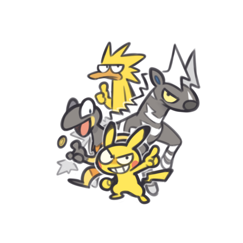 pikachu, zapdos, zebstrika, and heliolisk (pokemon and 2 more) drawn by plainwhite