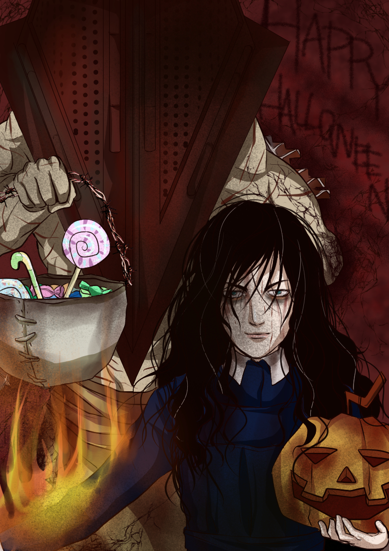 pyramid head and alessa gillespie (silent hill 2 and 1 more) drawn by nihon_no_majo