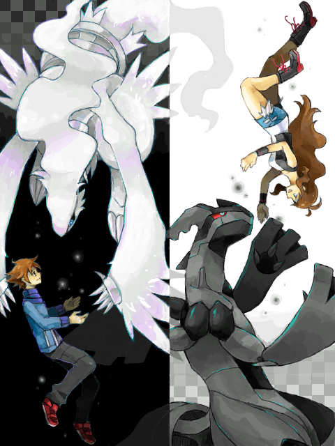 hilda, hilbert, reshiram, and zekrom (pokemon and 1 more) drawn by tometo_pot