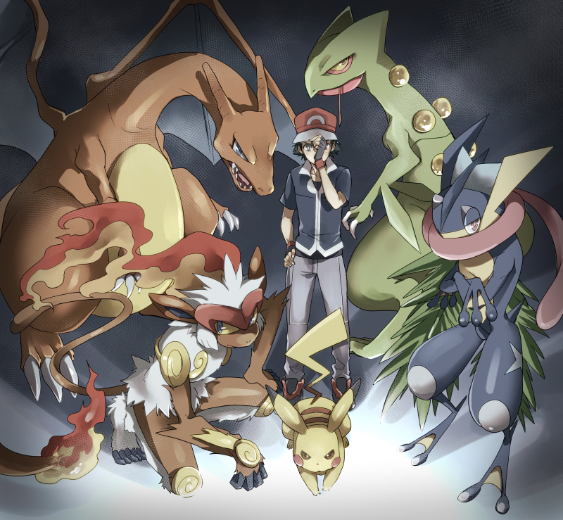 pikachu, ash ketchum, charizard, greninja, sceptile, and 1 more (pokemon and 1 more) drawn by tori_toya_(moz_88nie)