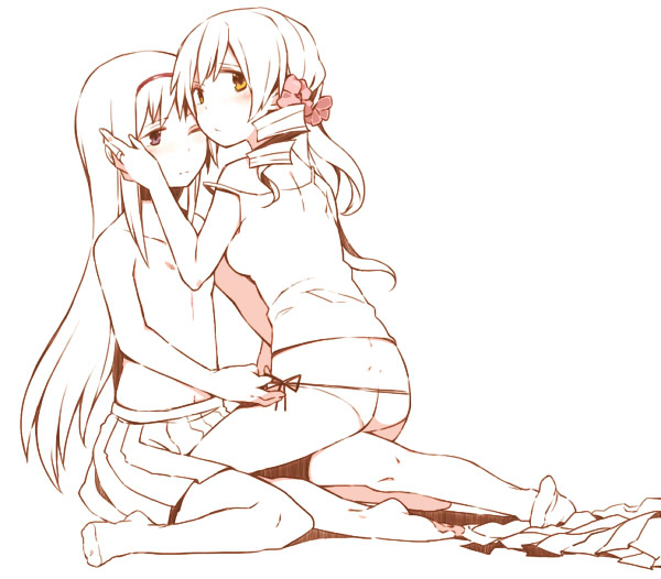 akemi homura and tomoe mami (mahou shoujo madoka magica) drawn by kutsuwada_on