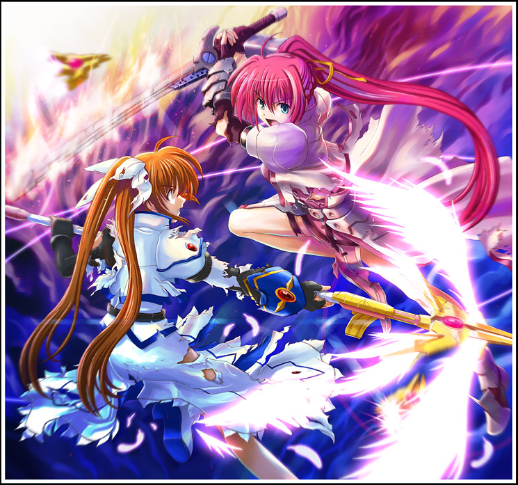 takamachi nanoha, raising heart, signum, and laevatein (lyrical nanoha and 3 more) drawn by yone