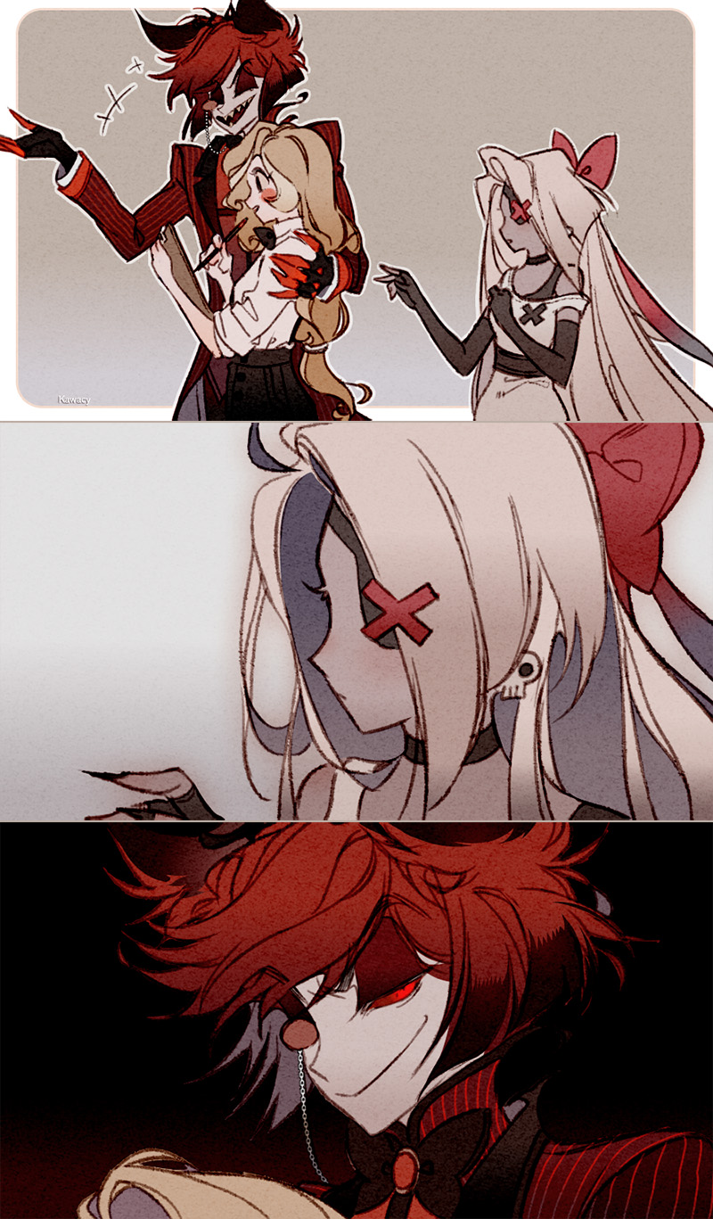charlie morningstar, alastor, and vaggie (hazbin hotel) drawn by kawacy