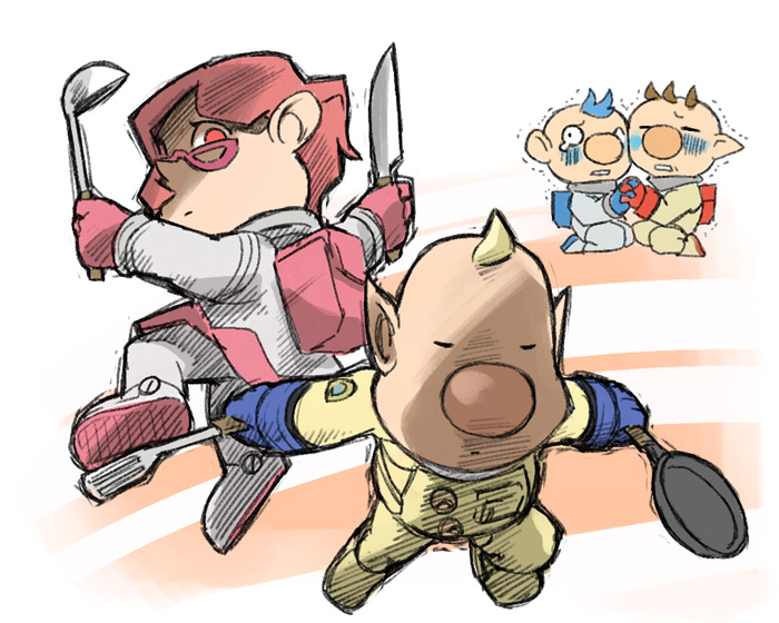 olimar, louie, alph, and brittany (pikmin) drawn by naru_(wish_field)