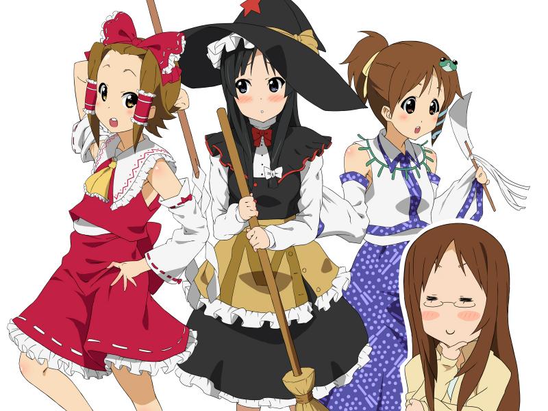hakurei reimu, kirisame marisa, kochiya sanae, akiyama mio, tainaka ritsu, and 2 more (touhou and 1 more) drawn by uguisu_(happy_turn)