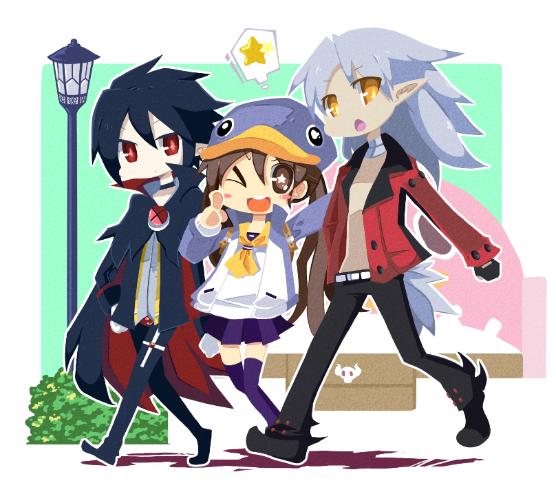 prinny, kazamatsuri fuuka, valvatorez, and fenrich (disgaea and 1 more) drawn by sakurakunet