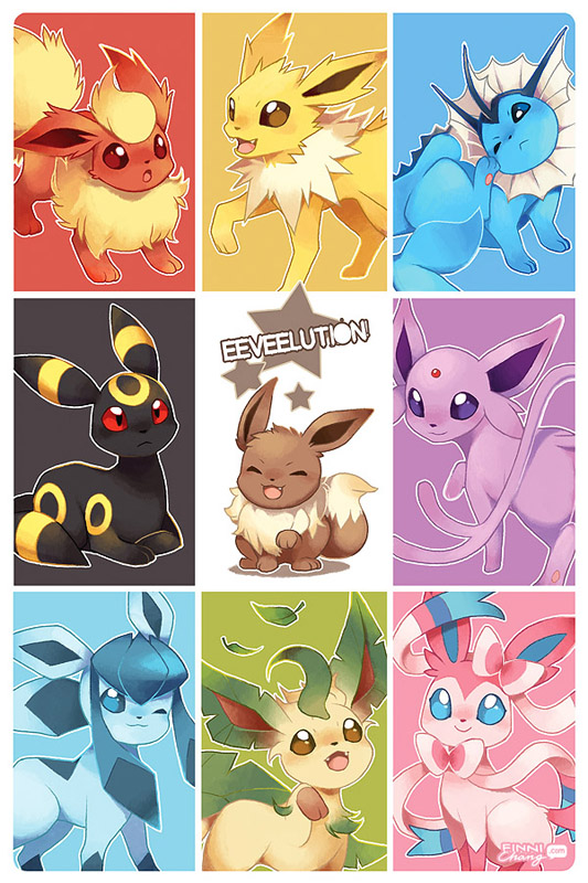 eevee, sylveon, umbreon, glaceon, vaporeon, and 4 more (pokemon) drawn by finni_chang