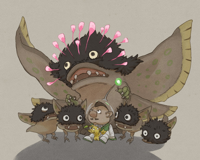 yellow pikmin, charlie, vehemoth phosbat, and phosbat (pikmin) drawn by naru_(wish_field)