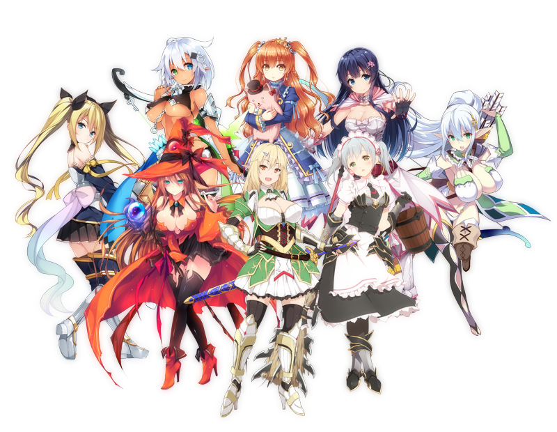 chloe ferel, kotone asagiri, frea henil, pas vidoll, brigitte frankle, and 3 more (brave girl ravens) drawn by akashio_(loli_ace), fuurai_(resuty), kobayashi_yoshitaka, kurokawa_izumi, pyon-kichi, siva_(executor), and yoshino_ryou