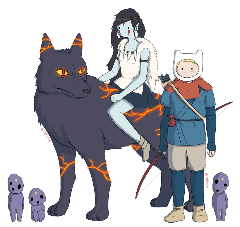 san, marceline abadeer, finn the human, ashitaka, kodama, and 1 more (adventure time and 1 more) drawn by deighvid