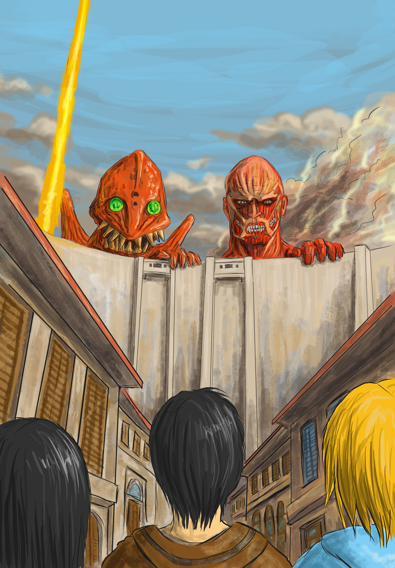 mikasa ackerman, eren yeager, armin arlert, titan, colossal titan, and 1 more (shingeki no kyojin and 1 more) drawn by itou_michirou