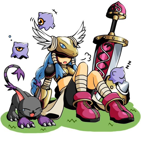 kuramon, minervamon, and blacktailmon (digimon) drawn by cafe_(owleelcafe)