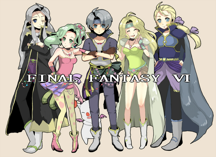 terra branford, moogle, celes chere, locke cole, edgar roni figaro, and 2 more (final fantasy and 1 more) drawn by runa_(biscuit_union)