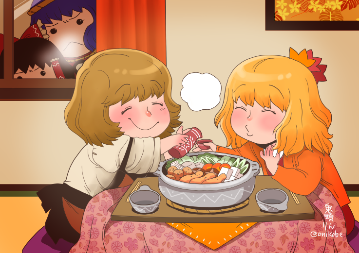 hakurei reimu, yasaka kanako, aki minoriko, and aki shizuha (touhou) drawn by onikobe_rin